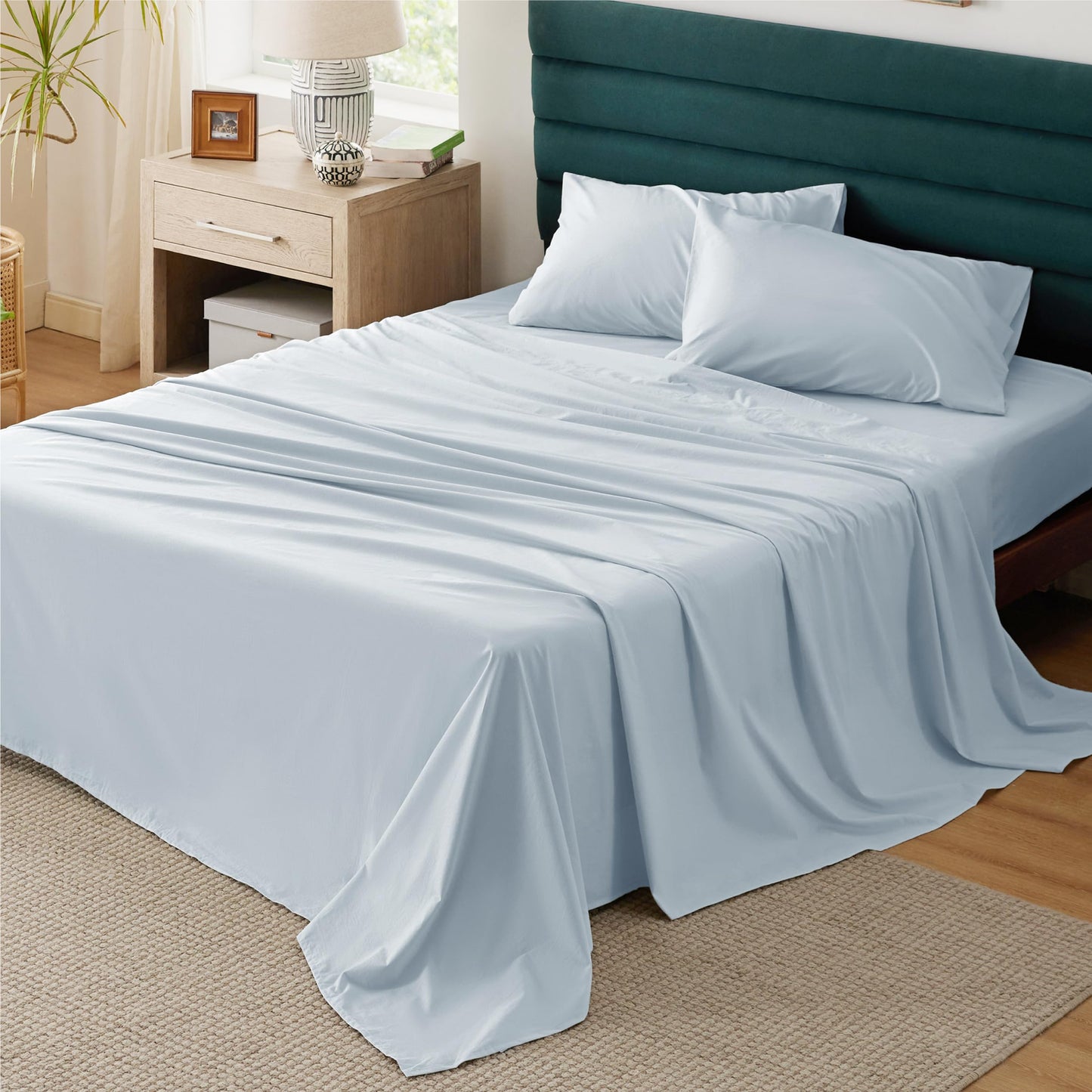 Bedsure 100% Cotton Sheets Full Size - Soft Percale Sheets 4 Pieces Sky Blue Fitted Sheets Breathable Cooling Sheets Cotton Bed Sheets with Deep Pocket Up to 16 Sheets & Pillowcases