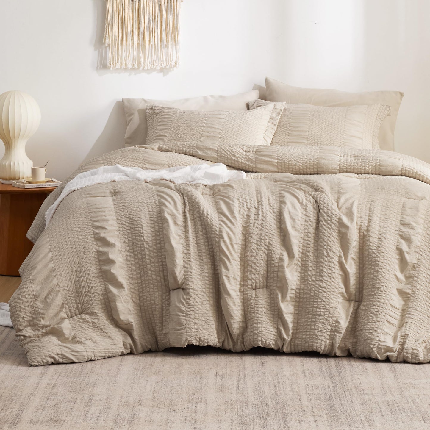 Bedsure King Comforter Set - 7 Pieces Striped Seersucker Jacquard Comforter Bedding Set Bed in a Bag with Comforter Flat Sheet Fitted Sheet Pillowcases & Shams Beige